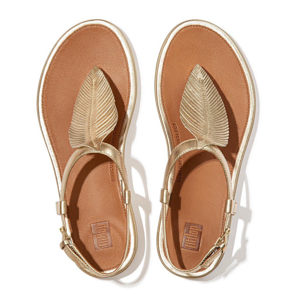 Fitflop Womens Sandals Gold - Tia Feather Metallic Leather Back-strap - 09GOXLNCH